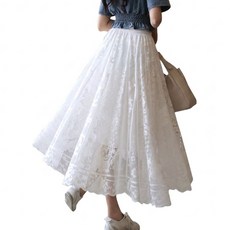 메리앤유 로맨틱 레이스 패턴 볼륨 플레어 롱 스커트