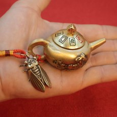 迷你龍鳳小茶壺 黃銅材質 手把玩轉轉壺 工藝品 桌上擺飾 招財裝飾 禮品送禮 麻將桌配件+把把壺轉轉+紅繩+知了