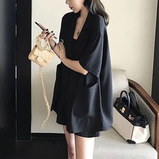 POMTOR 여성 여름 캐주얼 루즈핏 솔리드 정장슈트 나시 반바지 스리피스 세트