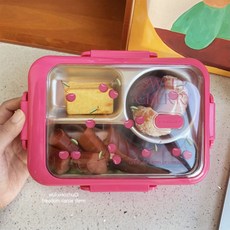 韓式不鏽鋼三格保溫飯盒 密封防漏兒童便當盒 上班族餐盒 可微波爐, 1個, 玫紅櫻桃不鏽鋼飯盒