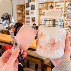 現貨 便攜燕窩銀耳羹杯櫻花燜燒壺不銹鋼保溫杯子上班族養生早餐悶燒杯, 高品質316內膽櫻公主杯鬱金香白送勺子,500ml, 1個