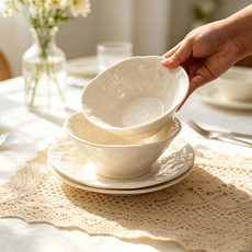 Starry Sea 예쁜바위무늬식기 라면그릇스테이크접시파스타식기세트, 4개, 국그릇+접시, 화이트