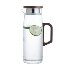 木子Muzi 胡桃木把手冷水壺 1500ml 耐高溫玻璃水壺 簡約新中式泡茶壺, 胡桃木把杯300ml2只, 1個, 300ml
