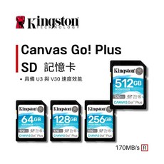 金士頓Kingston Canvas Go!Plus SD 記憶卡，高速U3 V30，128GB/256GB/512GB，適用相機攝影機, 128GB, 1個