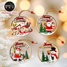 摩達客耶誕-可愛質感木質圓形吊飾(單面)-聖誕老公公 雪人 麋鹿, 1個