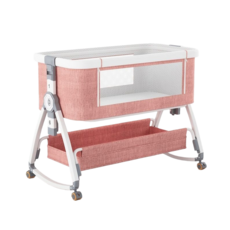 嬰兒床 6檔調節 可折疊 拼接大床, 莫蘭迪粉【標准款】鋁合金