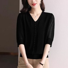 엄마 중년 니트 상의 여성 루즈핏 반팔티 빅사이즈 라인, D. 검정