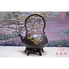 自在坊茶具 綠葉荷花鑄鐵壺1.2L(附贈壺叉) 日本老鐵壺 煮茶壺 燒水壺 鑄鐵茶壺, 綠葉荷花鑄鐵壺, 1個, 1.2L