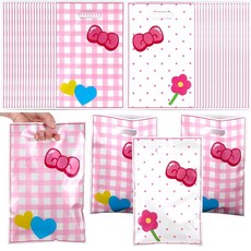 YBEATY 100피스 핑크 고양이 파티 선물 가방 귀여운 만화 캔디 간식 가방 재사용 가능한 플라스틱 스낵 파우치 프린트 나비 넥타이 꽃 패턴 선물 가방 키티 생일 장식, YBEATY 100피스 핑크 고양이 파티 선물 가방,