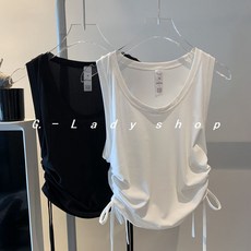 夏季無袖背心 運動罩衫 瑜珈服 女款寬鬆薄款 時尚抽繩圓領健身休閒上衣