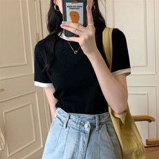 몬드스팟 여성 라운드넥 심플 배색 반팔티셔츠 MON16