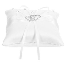 신부 반지 베개 흰색 새틴 리본 반짝이는 라인 더블 하트 링 베어러 쿠션 결혼식