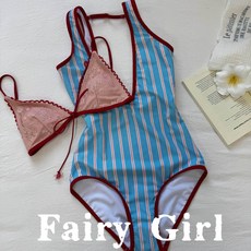 【莓果雙拼】泰國性感條紋比基尼三件套 絕美度假顯瘦泳衣女, 條紋泳衣,m