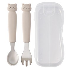 키도러블 고양이 스텐 실리콘 스푼+포크+케이스 세트, 1세트, 웜그레이