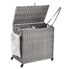 바퀴가 달린 세탁 바구니 130L(34.3갤런) 롤링 뚜껑 포함 탈착식 대형 2가지 색상 라이너 및 메시 가방 3개 측면 포켓이 있는 옷 그레이, 23.62"L x 15.75"W x 25.6"H, 회색