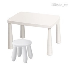 IKEA 兒童學習桌椅組 幼兒園適用 高度可調節 環保材質 穩固承重 防滑設計, 白色 圓凳+桌子(無抽屜), 白色