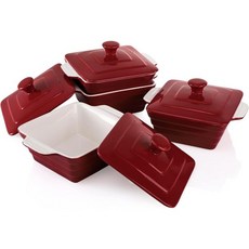 AVLA 4팩 도자기 수프 그릇 2개 프랑스 양파 시리얼 오트밀 또는 파스타용 뚜껑이 있는 18온스 정사각형 크로크레드