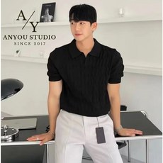 ANYOU 남성 반팔 니트 티셔츠 여름 폴로 셔츠 심플한 코디 카라 상의