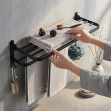 MYNNZ 무타공 욕실 수건걸이 선반 2단, 블랙, 1개