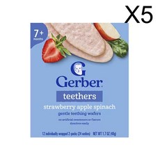 거버 아기용 스낵 티더 부드러운 치아 발육 웨이퍼 7개월 이상 개별 포장 2팩 12개 각 4g(0.14oz), 딸기 사과 시금치, 48g, 5개