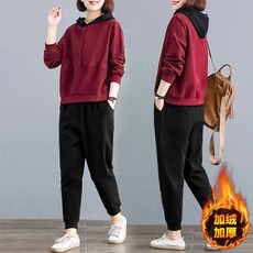 加絨加厚冬季連帽保暖運動套裝女，刷毛衛衣長褲兩件套，禦寒神器必備，長袖運動套裝