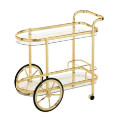 單扶手大輪橢圓酒車 - 含酒架、2色鐵管、清玻/灰玻/黑玻, 1個, 黃青銅(電鍍),透明玻璃