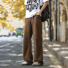 日系工裝直筒褲 男士青少年寬鬆闊腿休閒褲 純棉純色運動長褲, 2XL码 建议体重（75-85公斤）, 淺卡其色