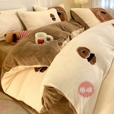椿嶼 A類母嬰級加厚牛奶絨四套可愛卡通珊瑚絨三套冬季保暖絨被套, 萌派對【A類—已質檢】,150*200cm單被套