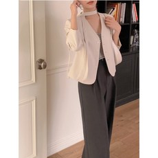 체인지쉬(change she)여성 브이넥 정장핏 벨티드 긴팔 상의 얇은 자켓