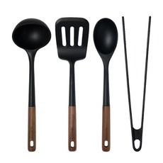 트루쿡 북미산 월넛 실리콘 조리도구 4종 세트, 1세트, 블랙, 국자 + 뒤집개 + 서빙스푼 + 집게