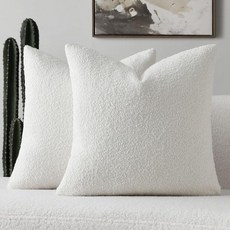 FUTEI 다크 커피 장식용 쿠션 커버 2개 팩 66x66cm(26x26인치) 부드럽고 아늑한 단색 부클레 질감의 유로 베개 커버 소파 침대 거실용 모던 홈 데코, 화이트
