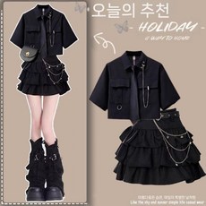 지뢰계 옷 셋업 얀데레 양산형 멘헤라 갸루피스 서브컬쳐 로리타 드레스 코스프레 패션 XL 흰색 반팔 셔츠검은색 작업 바지