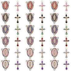 48개24세트 가톨릭 묵주 십자가 중앙 기적의 메달 참 합금 에나멜 펜던트 라인스톤 타원형 성모 샹들리에 링크 DIY 목걸이 주얼리 제작용 아연, 컬러 라인스톤