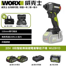 WORX 威克士 20V 8段智能無刷鋰電衝擊起子機 WU291D (含2個4.0Ah電池、6A充電器、17件組起子頭、工具袋), 1個
