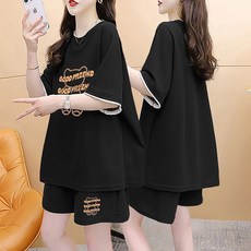 ROYALBELLE 여성 빅사이즈 캐주얼 운동 세트 캐릭터 프린트 루즈핏 반팔 티셔츠 반바지 투피스 I081503