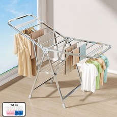 MEMEU 접이식 빨래 건조대 3층 150cm-180cm 전용 신발 건조대 대형 스테인리스 강화 빨래걸이 가정용 다용도 +방풍 클립 12pcs, 은색
