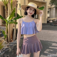 比基尼 分體泳衣 兩件式泳衣 bikini 保守泳衣 學生泳衣女裙式平角褲大碼遮肚顯瘦泡溫泉泳裝沙灘度假休閒泳裝, 咖色[23116],<> 2xl (62.5 - 70.0k