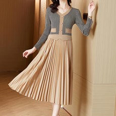 ATTERLIC V領格紋撞色百褶長版連身裙 01578 含大尺碼, 米色