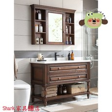 Shark家具 美式實木浴室櫃組閤 橡木落地衛浴櫃 衛生間洗漱臺洗手盆, 鏡+台面, 1個