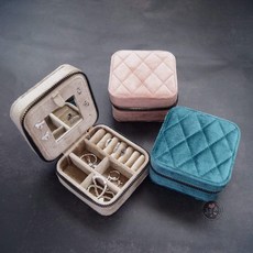 首飾盒 拉鍊式 多層 附鏡子 菱格 絨質 高級感 珠寶盒 飾品盒 方形/橢圓 粉/藍綠/淺咖色, 1個, 【椭圓】長15寬10.5cm，厚5.5,淺咖色