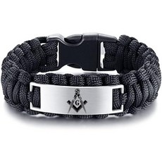 KBNSUIAN 아웃도어 실내 핸드메이드 땋은 랩 남성용 메이슨 서바이벌 파라코드 팔찌 엠블럼 커프 뱅글 손목밴드 메이슨용 프리메이슨 멤버십 주얼리 블랙 브라운 9인치
