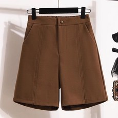 여성용 가을 겨울 빅사이즈 하이웨스트 5부 팬츠 밴딩 A라인 와이드 모직 반바지