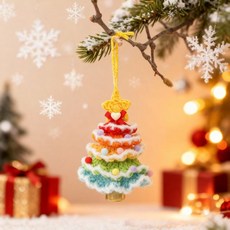 好物推薦 聖誕樹汽車掛件風鈴掛飾【成品】手工毛線鉤織DIY聖誕節裝飾 臺灣出貨, 純手工成品白邊彩色五層, 1個