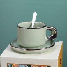 簡約風格陶瓷咖啡杯碟勺套裝, 1個, 咖啡盃碟勺,淺綠套裝