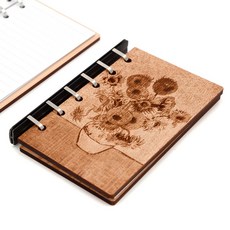 A7 活頁筆記本，梵谷自畫像與向日葵設計，原木材質，旅行記事手帳, 1個, 梵谷-向日葵