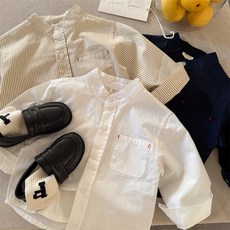 兒童襯衫2025瞇瞇眼鞦季新品男女童圓領條紋襯衫寶寶純色口袋襯衣