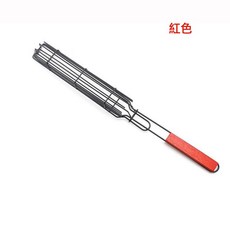 DFMEI 燒烤架戶外熱狗燒烤架木柄香腸燒烤籠夾子燒烤網BBQ不粘塗層電泳, 1個, 紅色電泳款:如圖