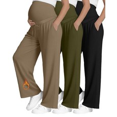 Yearntown 3팩 플리스 안감 임산부 바지 임산부 라운지 팬츠 와이드 레그 캐주얼 스웨트팬츠 드로잉 및 포켓 포함(블랙 아미 그린 다크 카키 스몰)