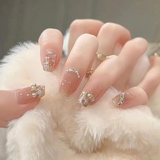 네일팁 3D형 XUZOO 24매 네일 팁 붙이는 손톱 3D 손톱 입체적 짧게 길게 귀엽고 세련된 네일 팁 네일 스티커 붙이는 손톱 네일 도구 양면 테이프 포함 (진주와 크리스