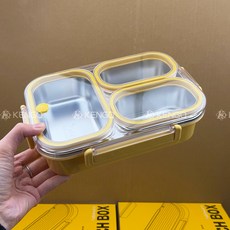 可微波爐加熱飯盒防串味304不鏽鋼學生上班便當盒三格密封保鮮盒, 1個, 304鋼可加熱飯盒【3格/芥末黃】